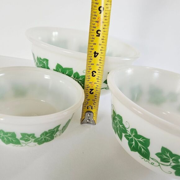 Set of 3 Vintage Hazel Atlas Green Ivy Milk Glass Mixing Nesting Bowls 5" 7" 8" - Picture 12 of 12
